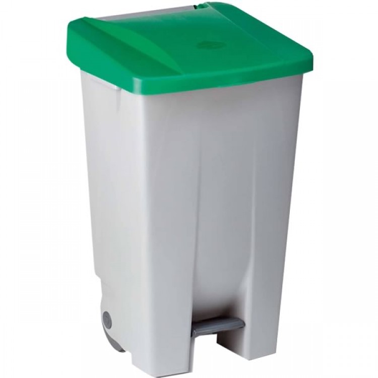 234003 DENOX Контейнер пластиковый серый с ручкой с зеленой крышкой с педалью на колесах 120 л. Серый с зеленой крышкой 