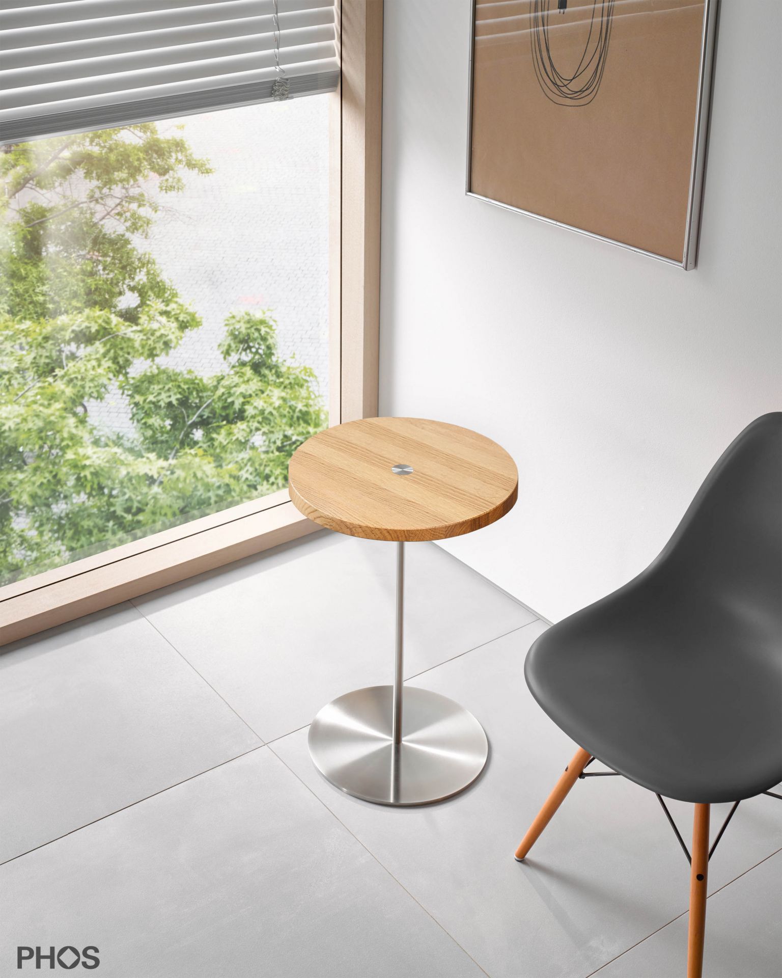 BT600-Eiche-E Приставной столик высотой 60 см, столешница из дуба, опорная плита из массивной нержавеющей стали. PHOS  - Вид №1