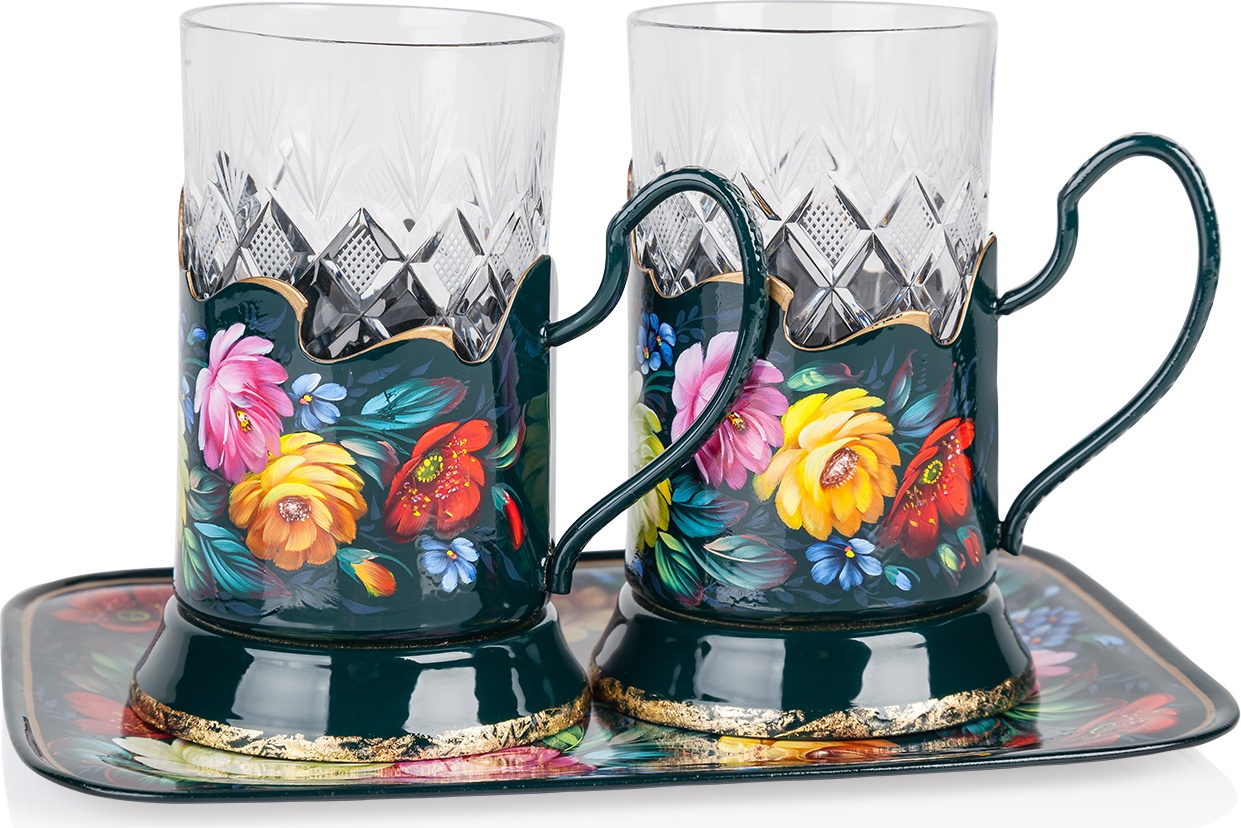 10620671 Жостовская фабрика декоративной росписи Набор из 2 подстаканников в шкатулке с подносом 21х18см У-349 (худ.роспись) Латунь 