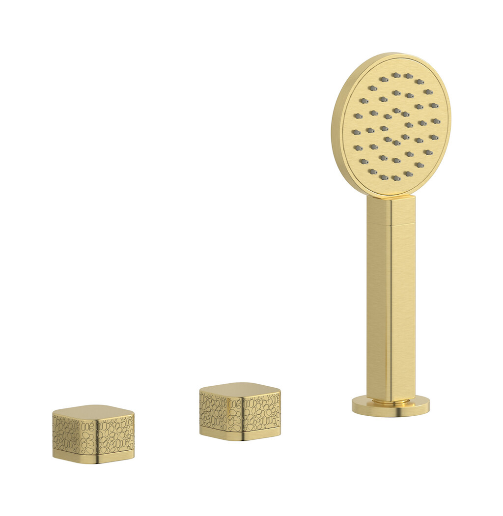 Смеситель на бортик ванной на 3 отверстия с изливом, дивертером и душевым гарнитуром. WE ARE IB eo397is_2 Brushed Pale Gold Elio