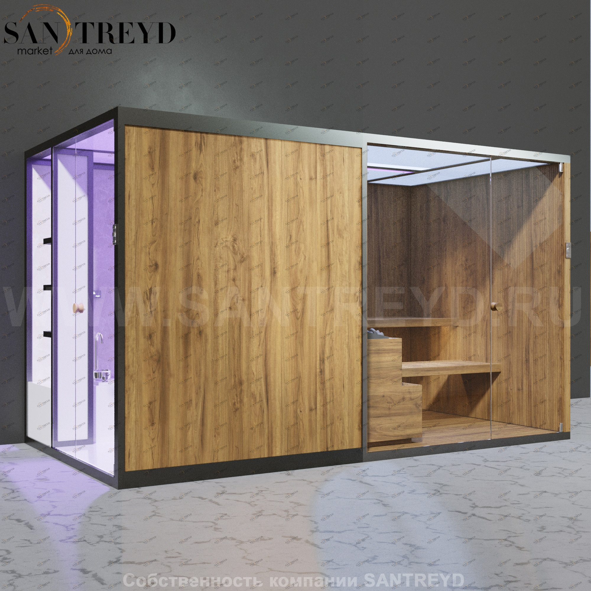 Effegibi BODYLOVE SH BL45210007 Боковая комбинированная баня: хаммам и сауна. Установка: к стене. Мощность: 15 кВт макс. Размеры: длина 393 см, ширина 176 см. Отделка: термообработанная древесина, светлый керамогранит и гладкая термообработанная древесина