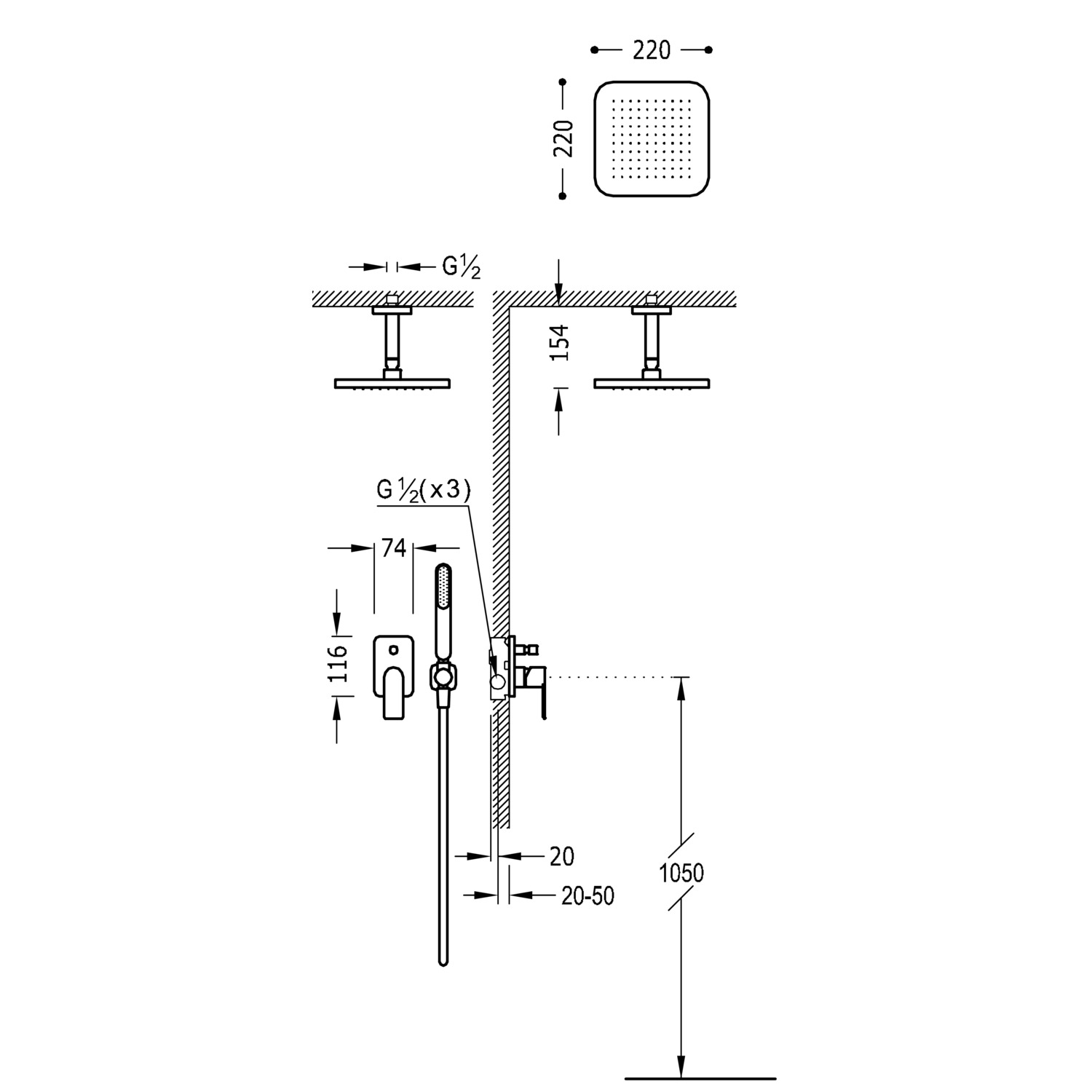 Комплект 2-ходового скрытого смесителя для душа с одной ручкой на чердаке-20018080 TRES  - Вид №1