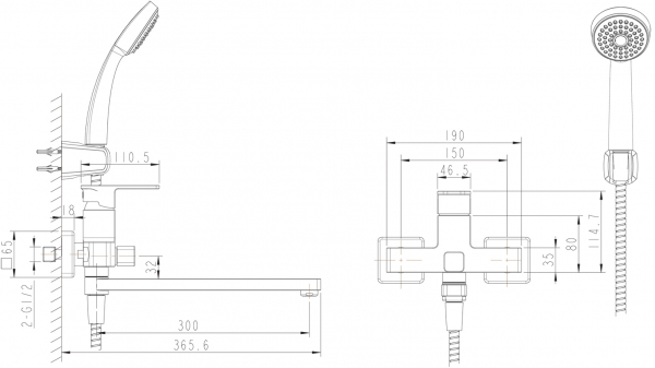 Смеситель для ванны излив 300 мм с аксессуарами RIFFLE F672106C-LB bravat - Вид №2