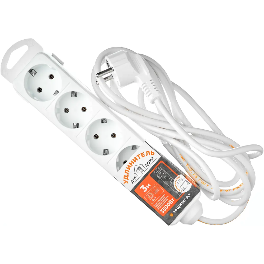 Удлинитель Защита Про с заземлением 4 розетки 3 метра 3500 Вт 82741173 STLM-0035240