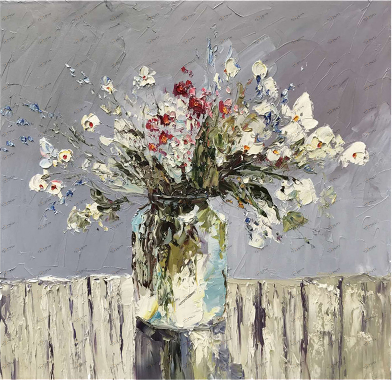 Картина на холсте 100х100 см "Цветы в горшке - 2" EVENHOME КАРТИНЫ МАСЛОМ 129914 Бежевый;белый;зеленый 