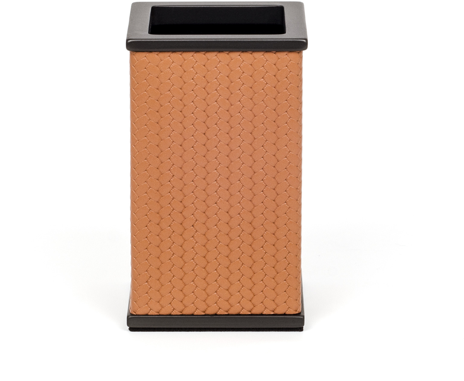 Квадратный держатель для зубных щеток Olimpia - 6,5X6,5XH11 см / металлическая отделка_вороненая латунь / плетеная кожа_светло-серый