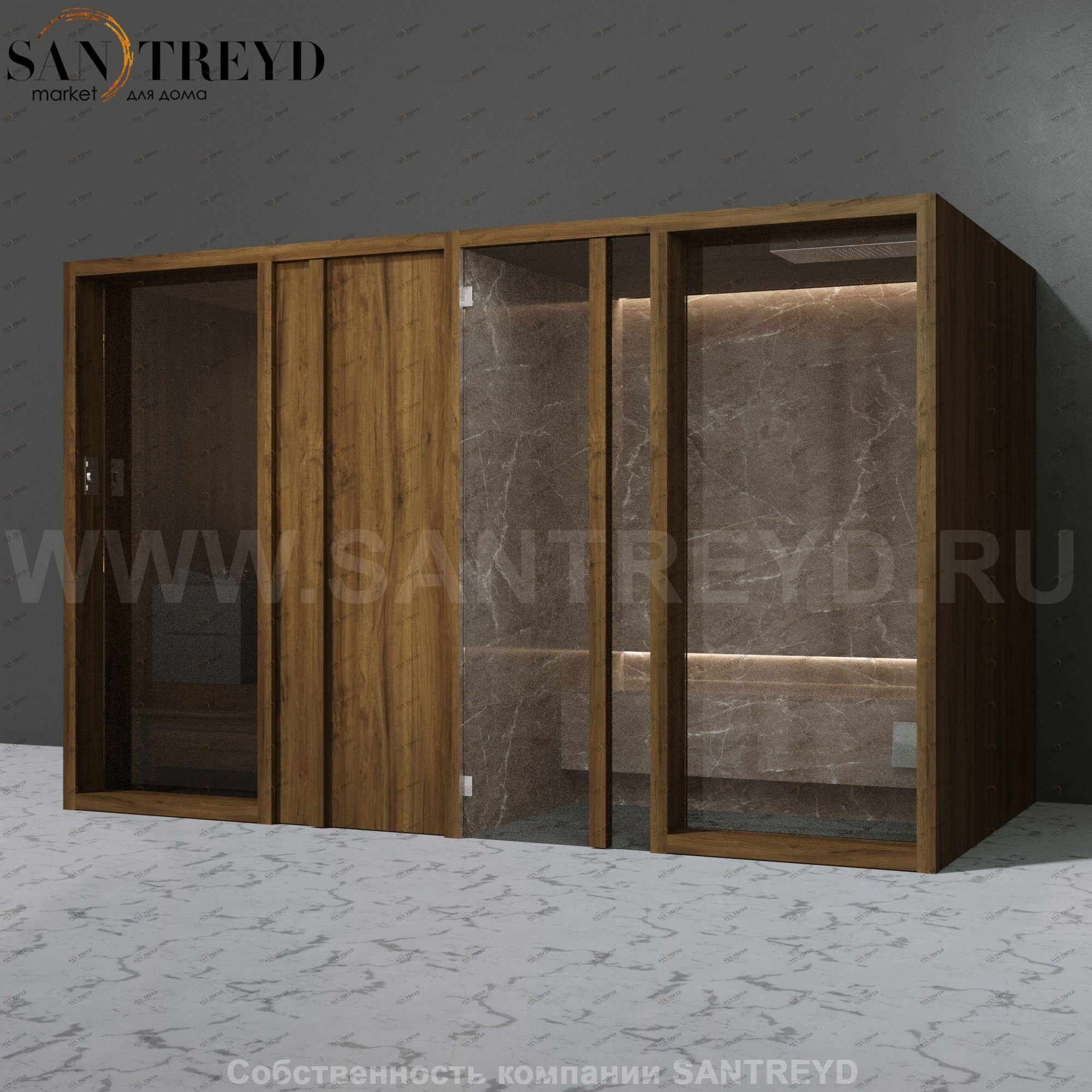 Effegibi YOKU.D SH YO.20320004 Комбинированная баня: хаммам и сауна. Установка: к стене Мощность: 10,5 кВт макс. Размеры: длина 342 см, ширина 170 см. Отделка: чёрный орех и темный керамогранит YO20320004