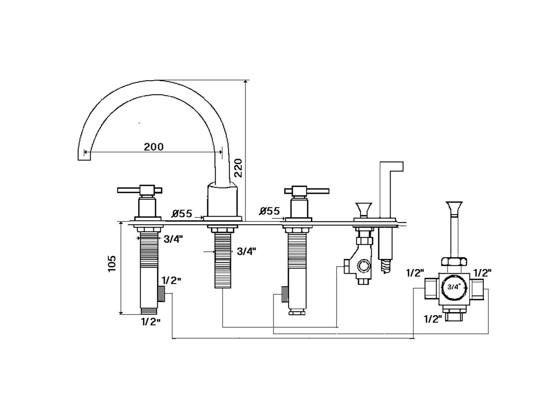 Набор для ванны с 4 отверстиями и ручным душем rvb ARCH-00035870 - Вид №2