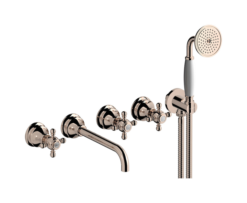 Настенный смеситель для ванной на 5 отверстий с дивертером и душевым гарнитуром. WE ARE IB hr398rs Rose Gold Hermes