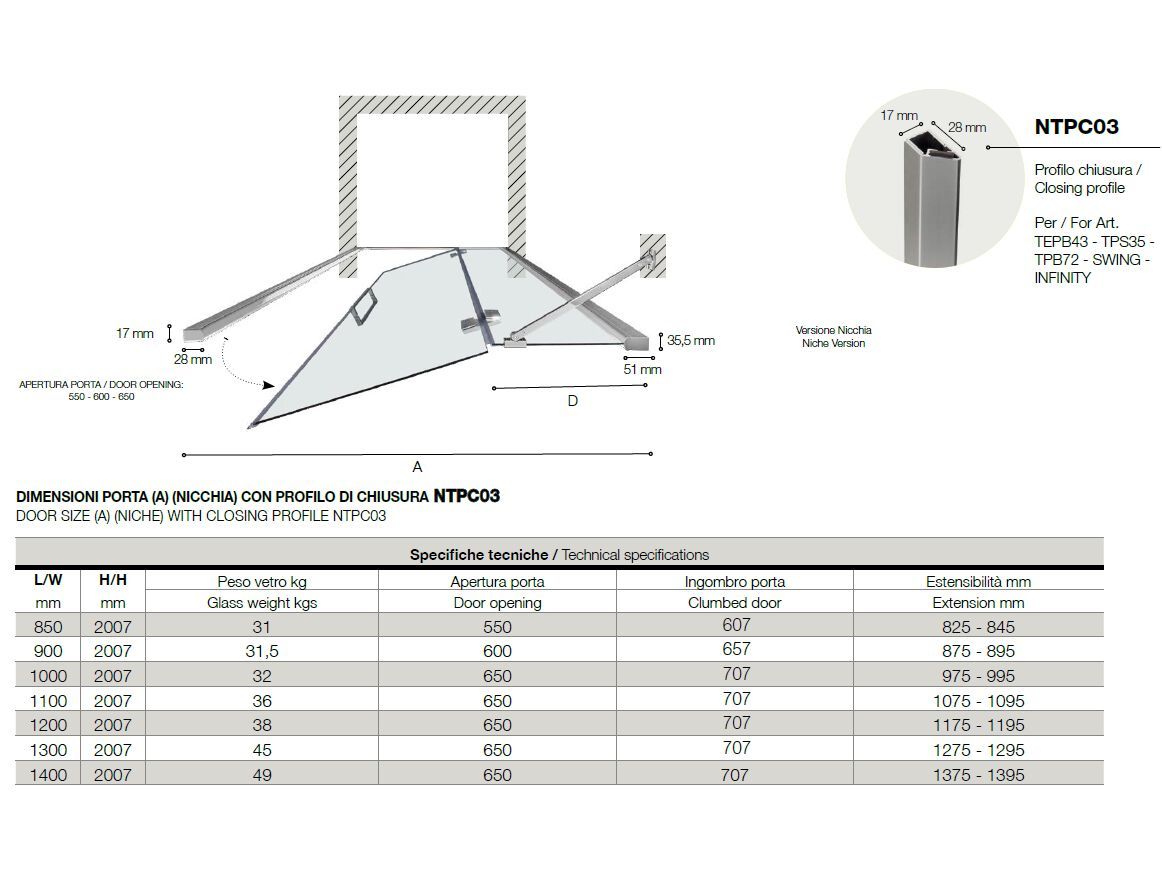 Алюминиевая и стеклянная нишевая душевая кабина с распашной дверью TAMANACO TEPB43 ARCH-00126135 - Вид №3