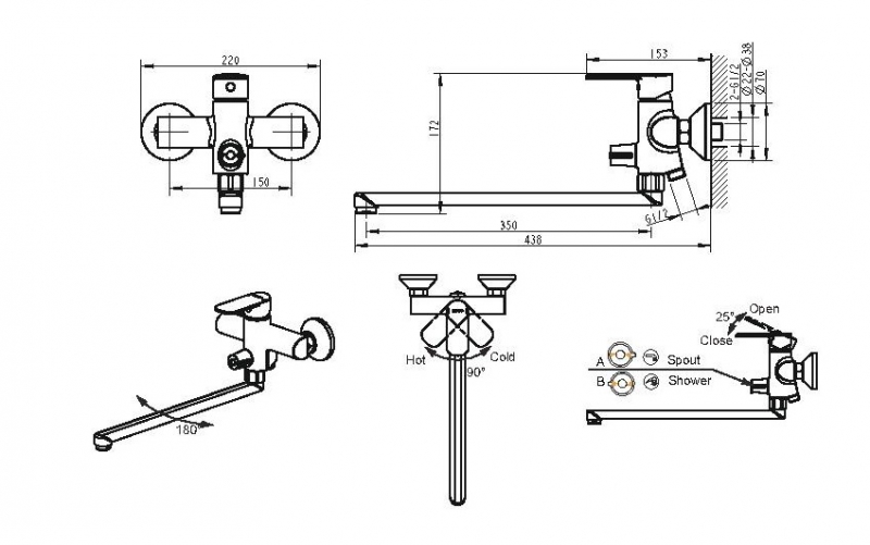 Смеситель для ванны длинный излив Louise F6191183CP-01L-RUS bravat - Вид №1