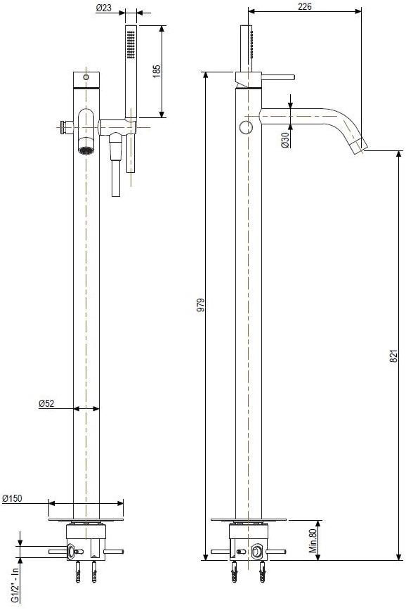 Super Inox Напольный смеситель для ванны из нержавеющей стали с ручным душем Cave 0251124x - Вид №2