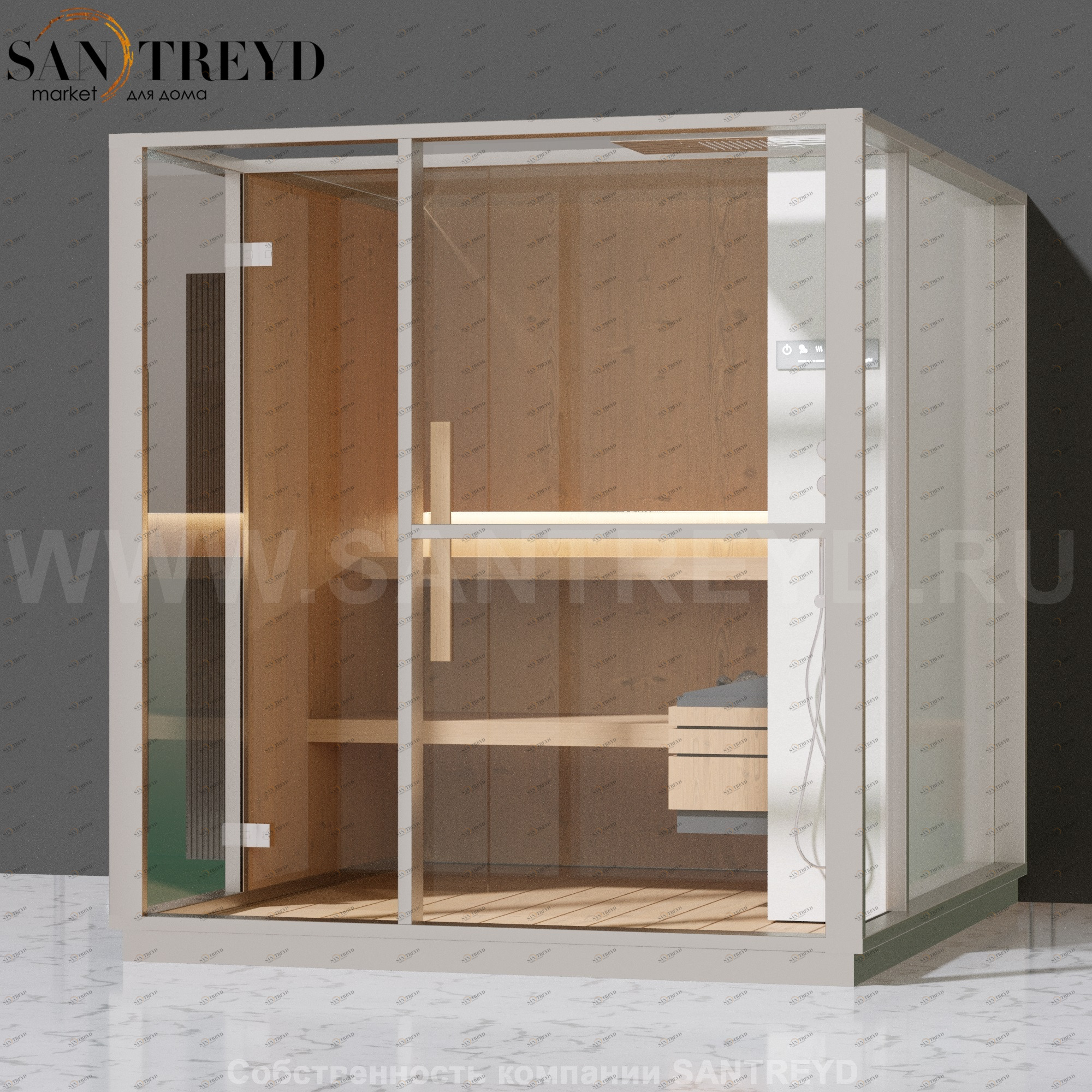 Effegibi LOGICA S LO20020001 Сауна. Установка: к стене. Правая дверь. Мощность: 6 кВт макс. Размеры: длина 214 см, ширина 250 см. Отделка: канадский хемлок, матовый лакированный белый аллюминий и серый ламинат из керамогранита.