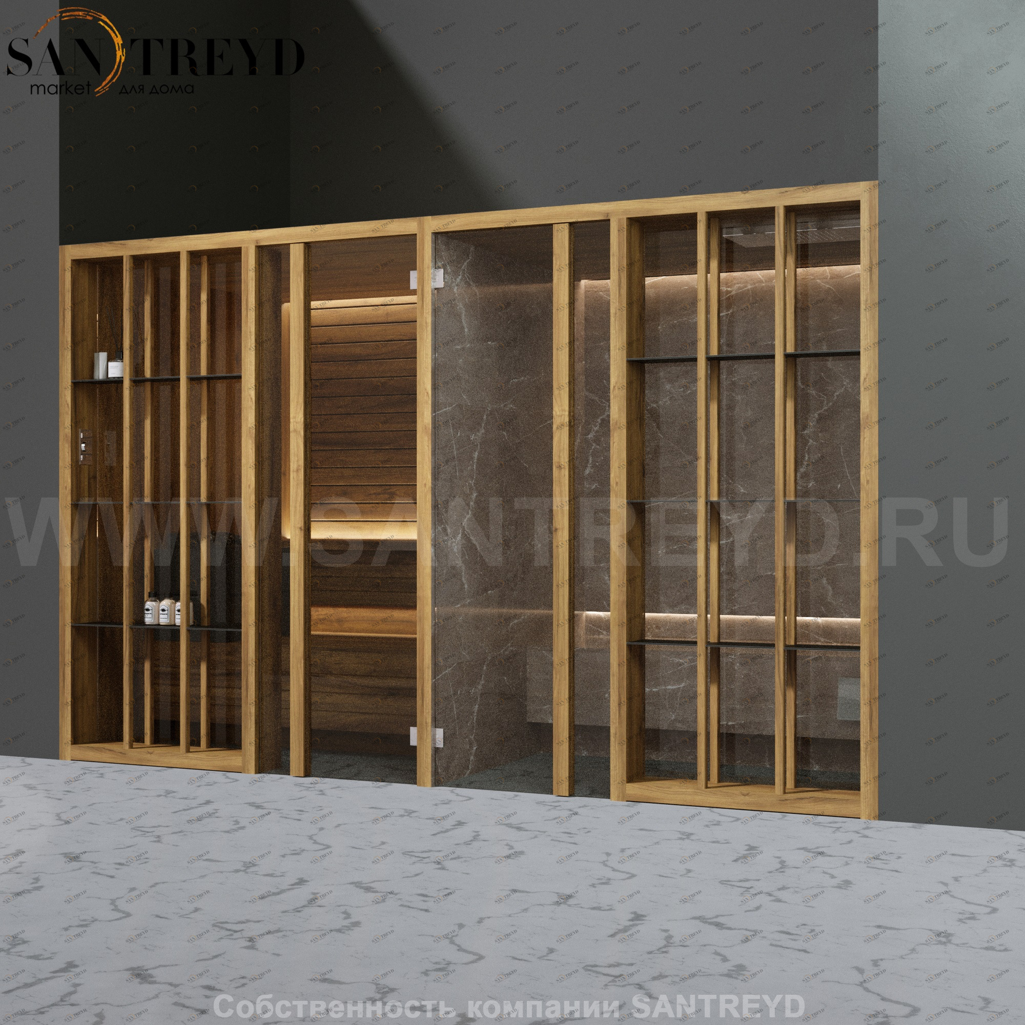 Effegibi YOKU.S SH YO.10220001 Комбинированная баня: хаммам и сауна. Установка: в нишу. Мощность: 10,5 кВт макс.Размеры: длина 342 см, ширина 170 см.  Отделка: термообработанное дерево и темный керамогранит YO10220001