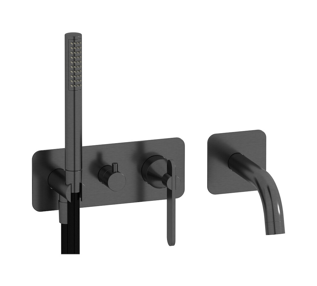 Настенный смеситель для ванной на дивертером и душевым гарнитуром. WE ARE IB oh206on Brushed Black Chrome Soho