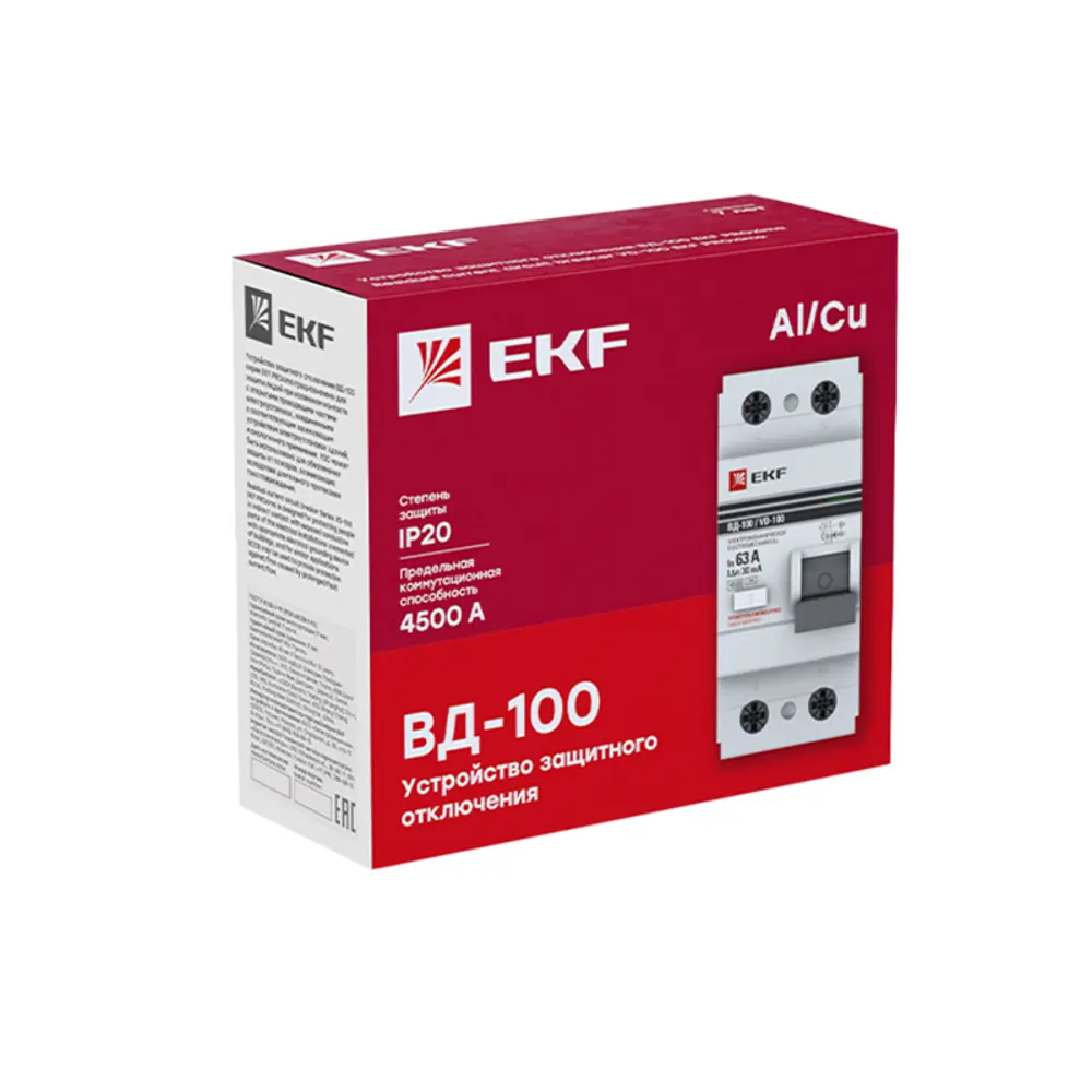 УЗО EKF ВД-100 2P 63 А 300 мА 4.5 кА АС elcb-2-63-300-em-pro STLM-2090503 - Вид №3