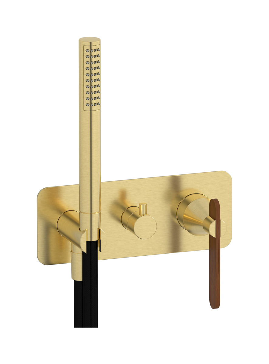 Внешние части встроенного в стену смесителя на 2 потребителя в комплекте с душевым гарнитуром. WE ARE IB ol305on Brushed Pale Gold Soho