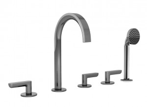 R165  Набортный смеситель для ваннывылет 16 см ручная лейка ICONA ручки на 5 отверстий переключатель на 2 потока с поворотной кнопкой гибкий шланг 150 см картридж керамический 90° впуски 1/2'' подводка Fantini Rubinetti ICONA DECO