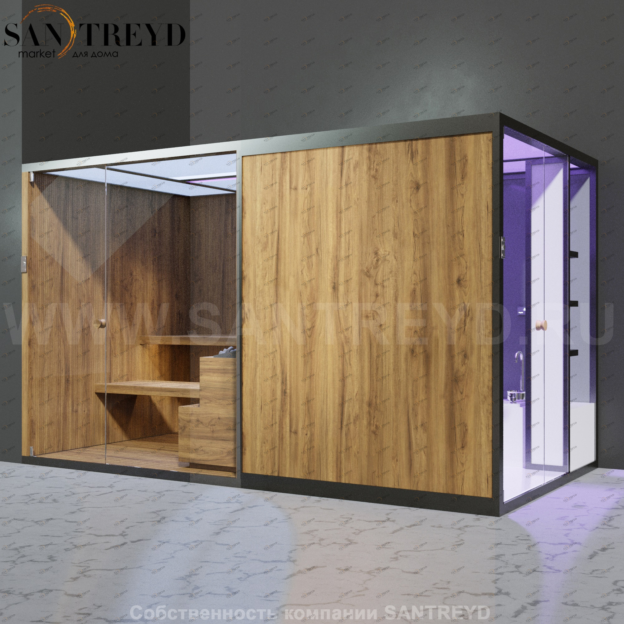 Effegibi BODYLOVE SH BL45230004 Боковая комбинированная баня: хаммам и сауна. Установка: в левый угол. Мощность: 15 кВт макс. Размеры: длина 393 см, ширина 176 см. Отделка: термообработанная древесина, гладкое стекло и гладкая термообработанная древесина.