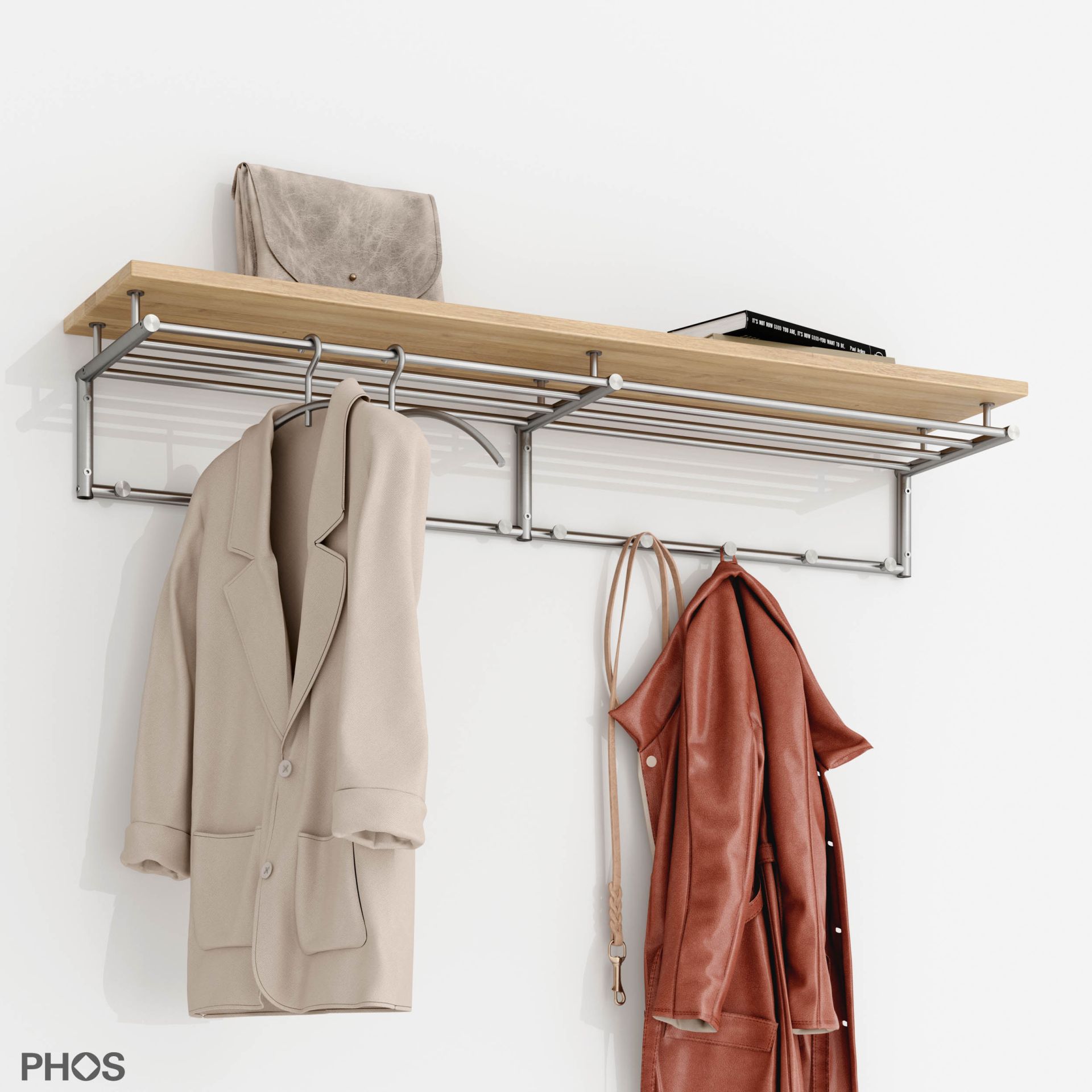 G17-1200-Eiche Навесной шкаф g17, широкий, с 4 платяными штангами, 10 крючками и деревянной полкой из массива дуба - ширина 125 см PHOS 