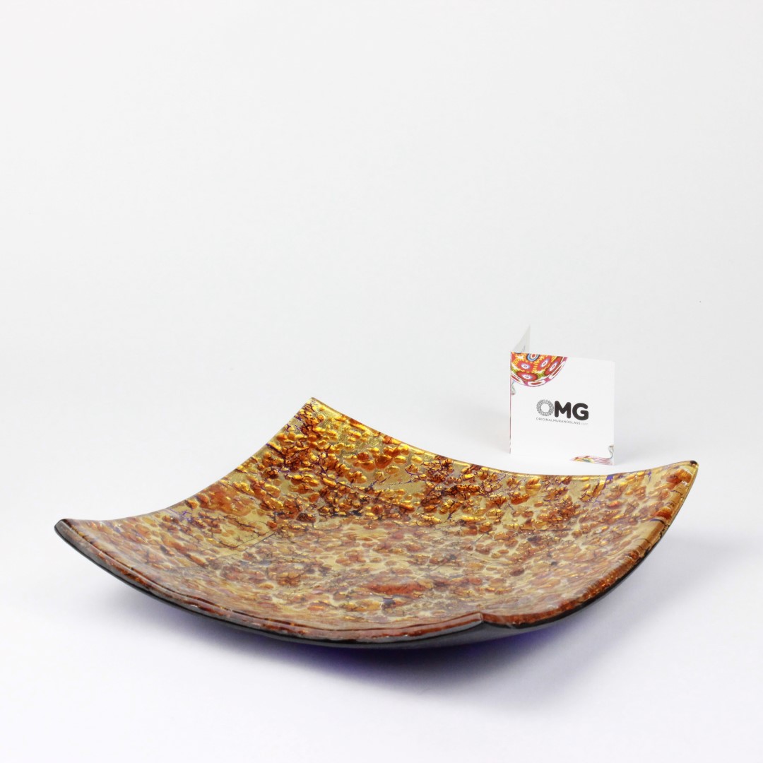 345 ORIGINALMURANOGLASS Квадратное блюдце - оранжевая мозаика и золото - муранское стекло OMG 10 см  - Вид №1