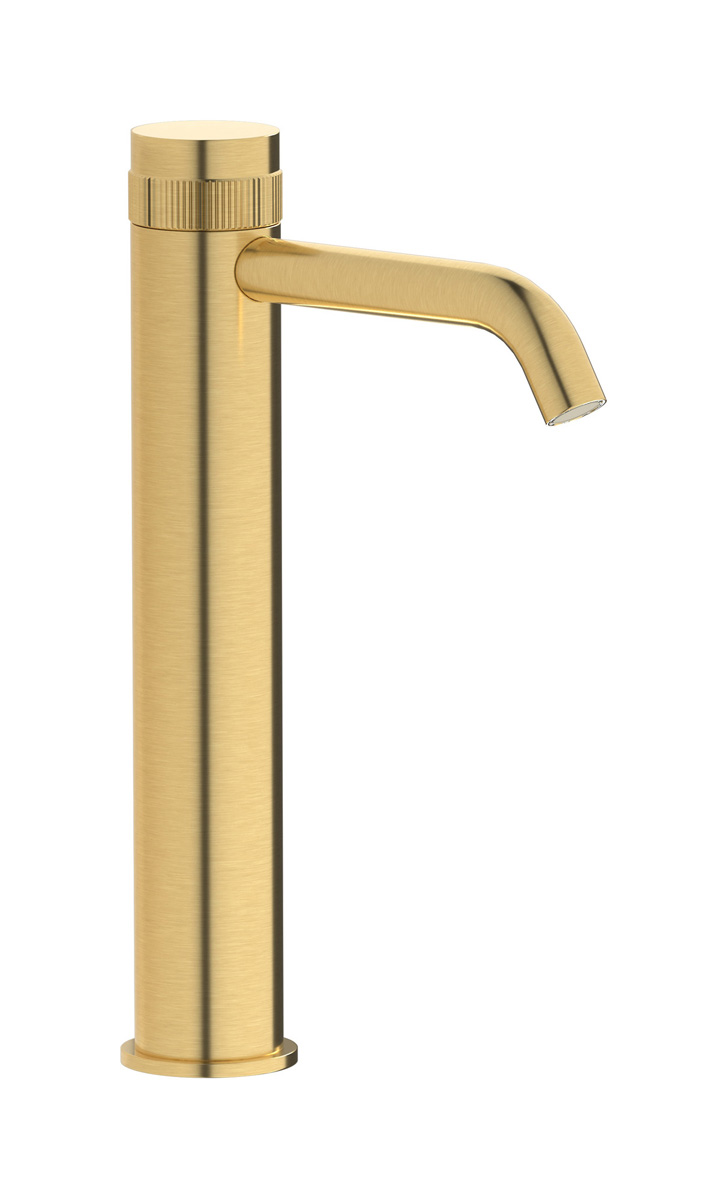 Высокий монорычажный прогрессивный смеситель на раковину в комплекте с донным клапаном. WE ARE IB rx202os Brushed Gold Reflex