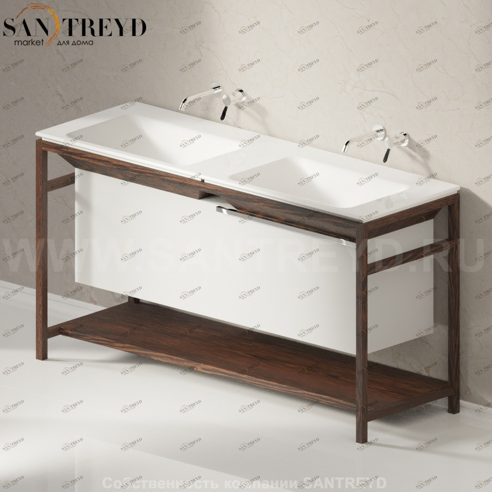 Двойная раковина столешница с деревянной консолью коричневый дуб OTTOCENTO XL белая Agape AMXL162C0RU