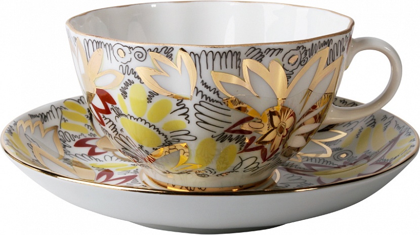 83889 Императорский фарфоровый завод Чашка чайная с блюдцем ИФЗ "Золотые ромашки" 250мл, ф.Тюльпан Фарфор твердый 