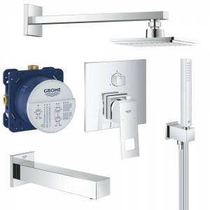 Набор для ванны: смеситель GROHE Eurocube, верхний душ, ручной душ, квадратная розетка, излив, хром (119696)