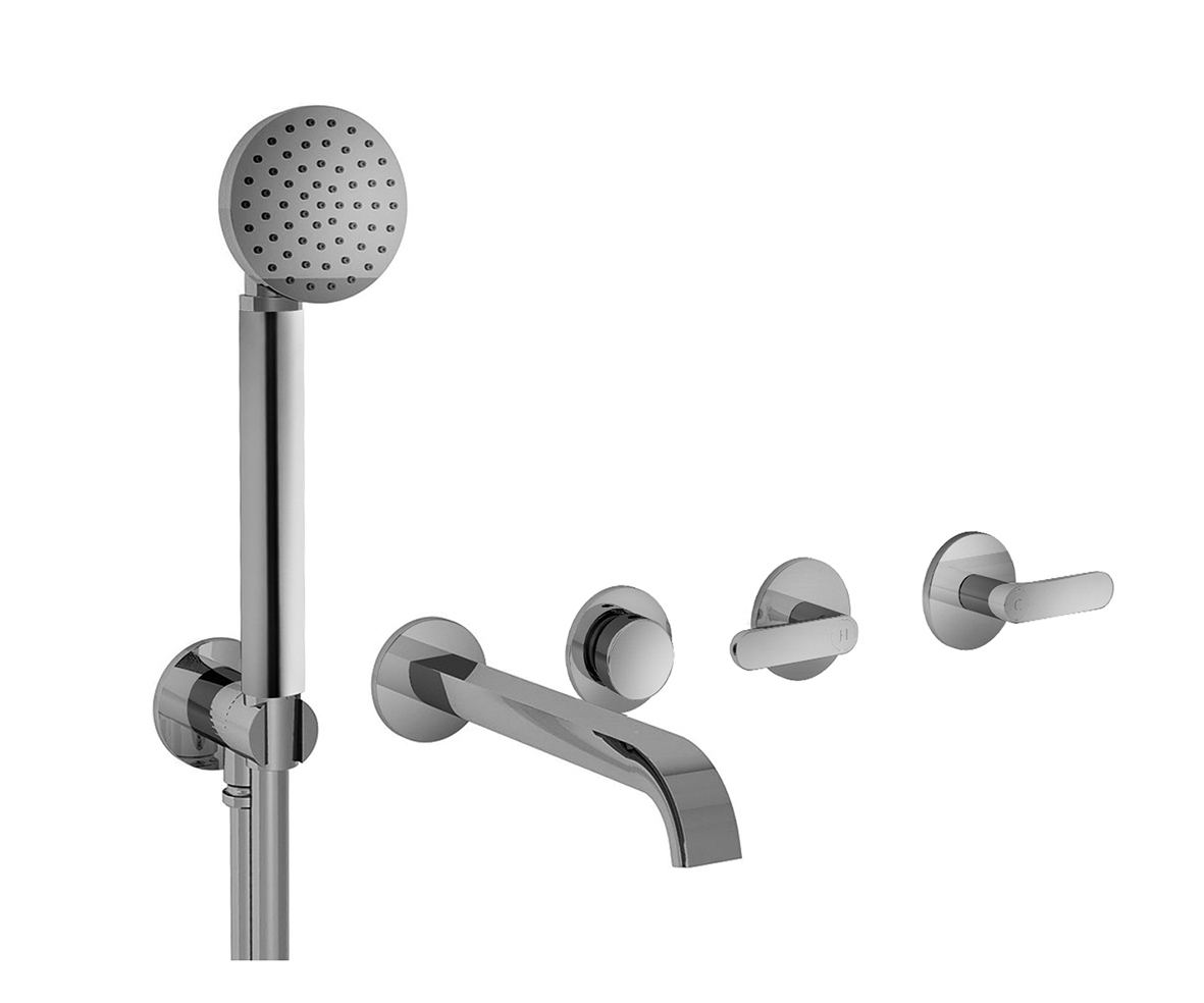 R119B+R119A  Встроенный смеситель для ваннывылет 20 см ручки переключатель на 2 потока с поворотной кнопкой ручная лейка ICONA шланговое подсоединение с держателем для ручной лейки гибкий шланг 150 см ПВХ картридж керамический 90° впуски 1/2'' Fantini Rub Fantini Rubinetti Icona deco