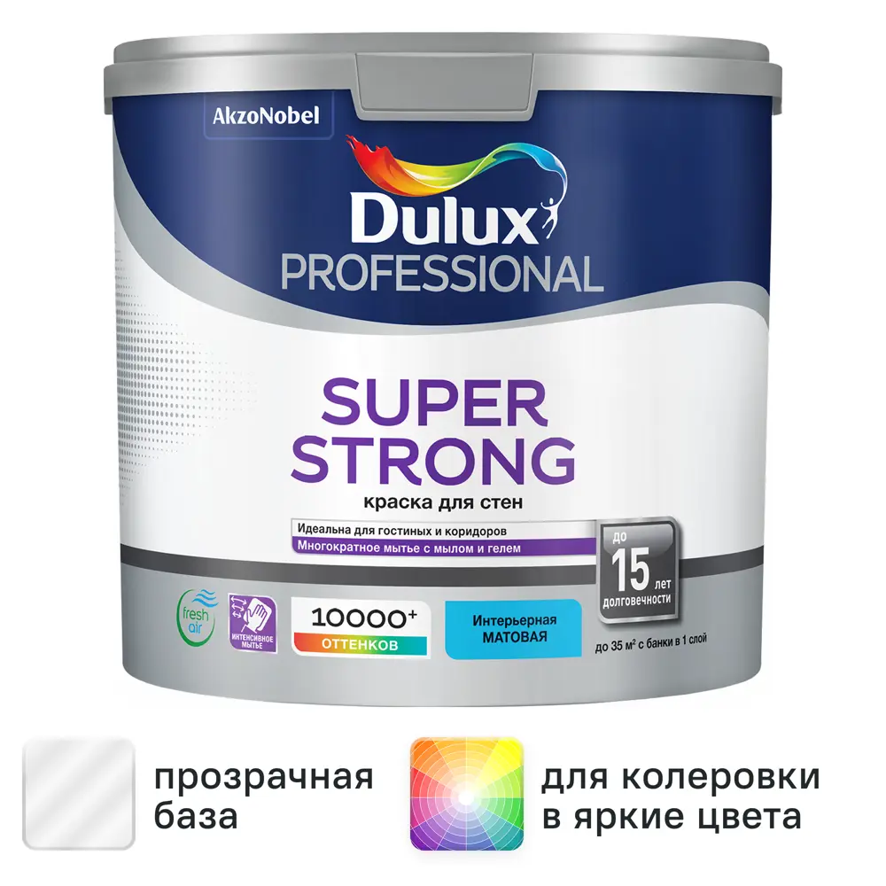 Краска для стен и потолков Dulux Super Strong моющаяся матовая прозрачная база BC 2.25 л STLM-2074736