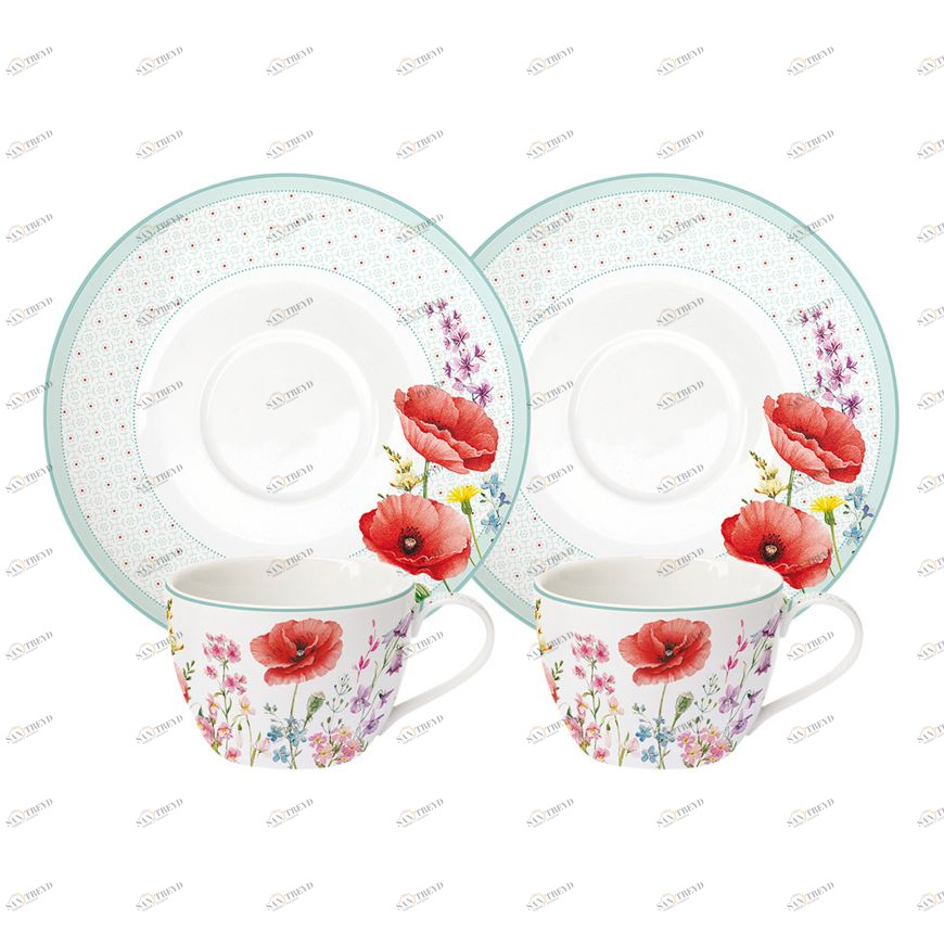 Чашки фарфоровые с блюдцами 2 шт белые "Красные маки" EASY LIFE КРАСНЫЕ МАКИ 00-3946817 Белый;красный 