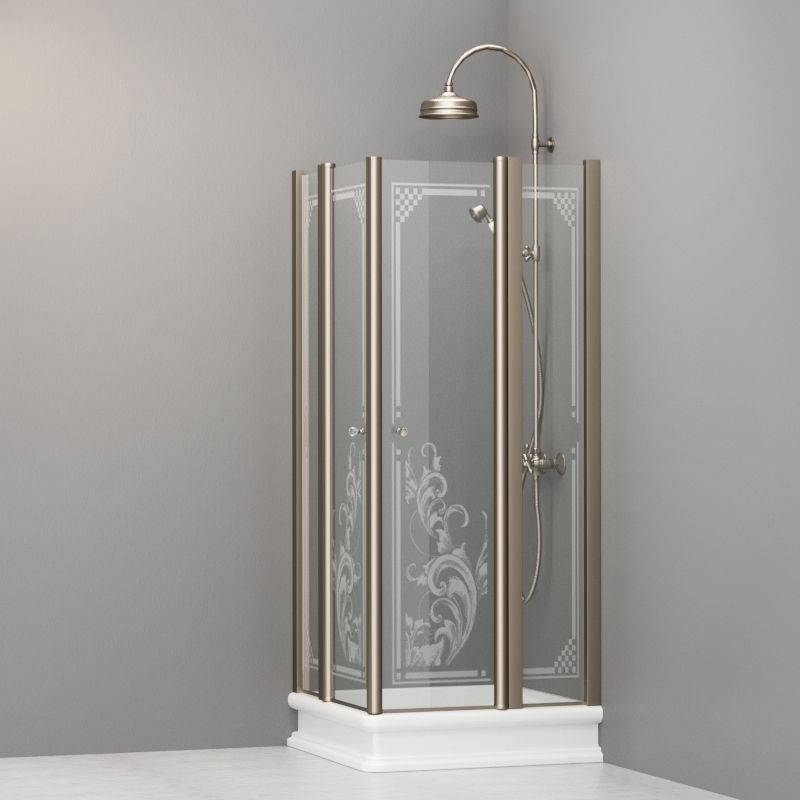9159N3 Душевая кабинаDX/SX с двумя распашными дверьми и неподвижными элементами для душевого поддона квадрат 80x80, цвет Бронзовый Kerasan RETRO Италия 