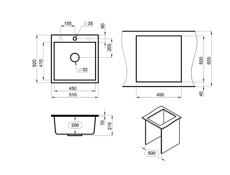 5102, ЧЁРНЫЙ, кухонная мойка, кварц GRANULA 5102-ST105 - Вид №3