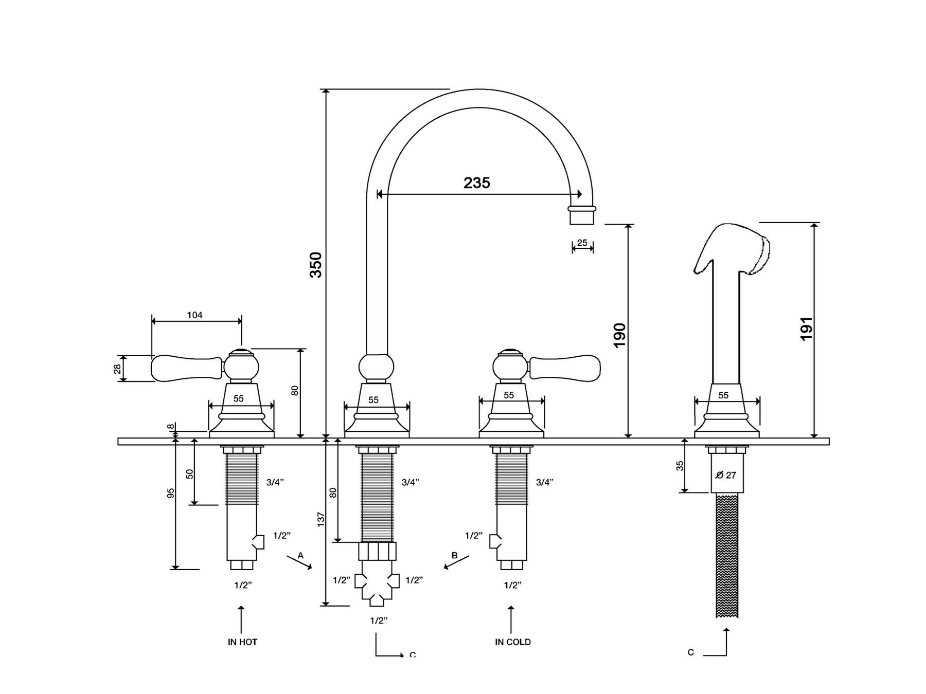 Смеситель для кухни на столешнице со съемным ручным душем rvb FLAMANT BUTLER ARCH-00104608 - Вид №2