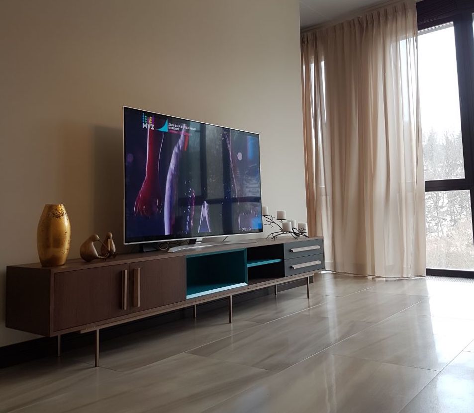 Тумба под телевизор с двумя ящиками 53х276 см черная с бирюзовым Slim BRAGIN DESIGN TUBE 00-3862368 Голубой;черный - Вид №1