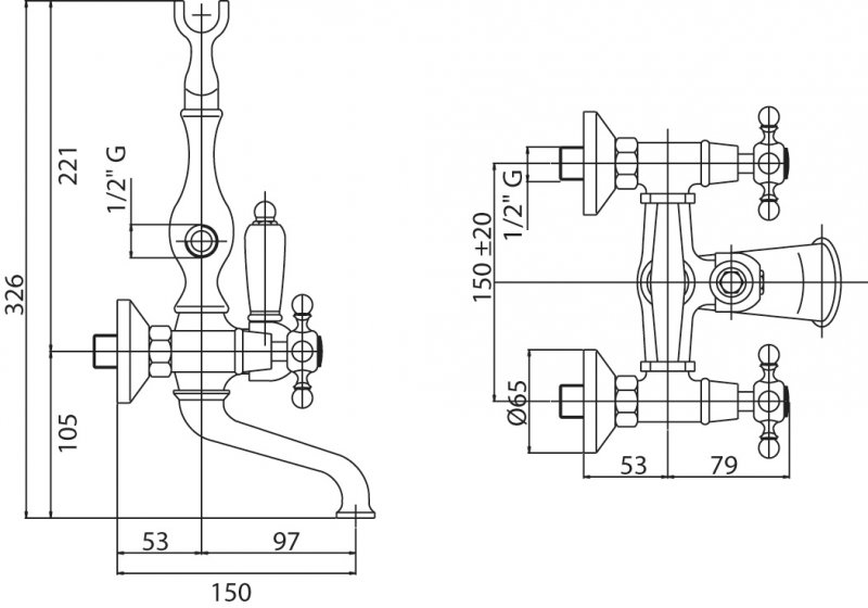 Смеситель на борт ванны с ручным душем, шлангом 150 см CEZARES NOSTALGIA-PBV-02-Bi - Вид №1