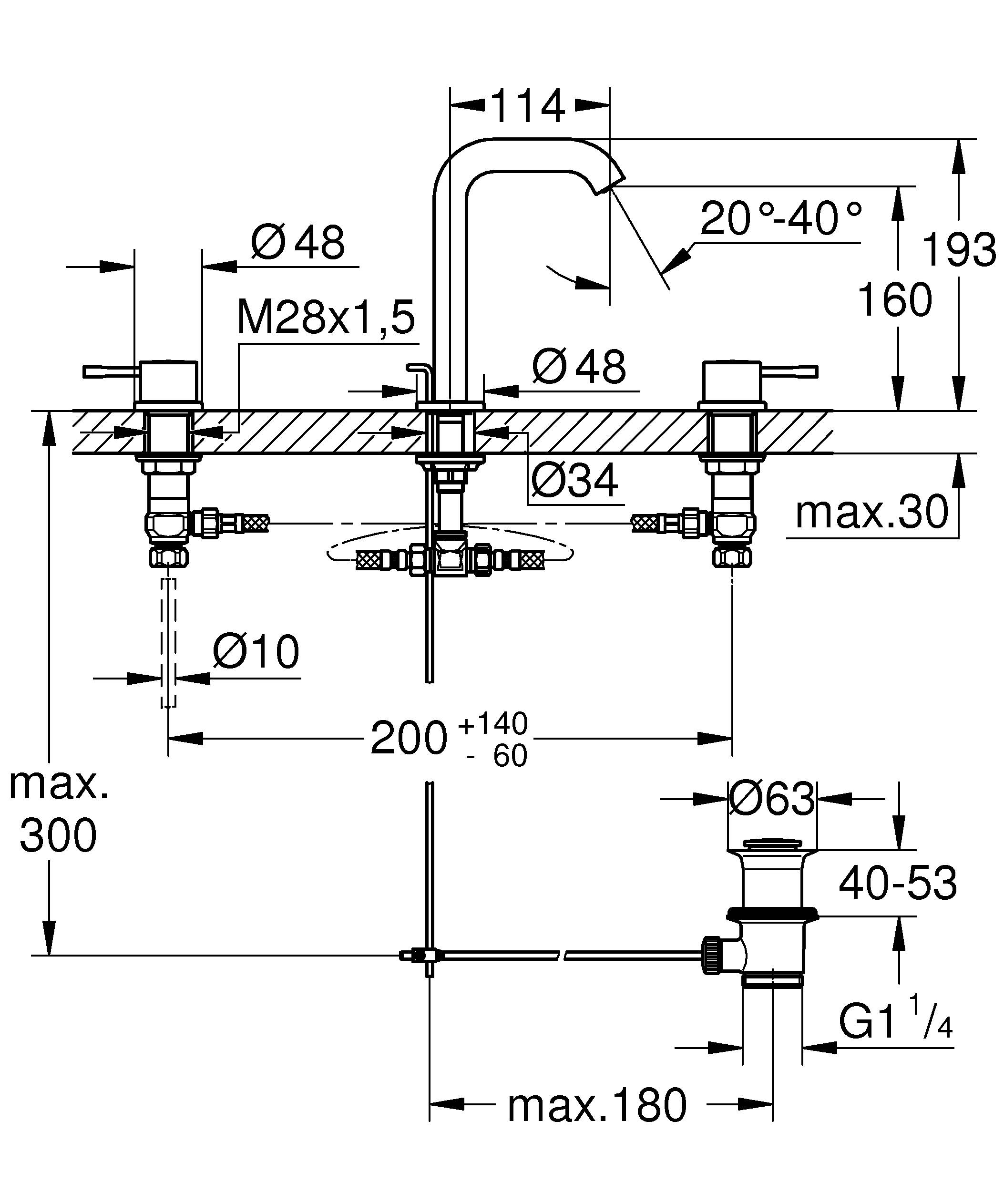 Смеситель для раковины GROHE Essence+ на 3 отверстия с донным клапаном, хром (20296001) - Вид №1