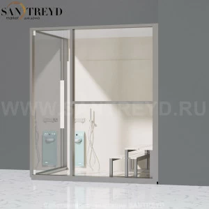 Effegibi H LARGE LO80010005 Комбинированная баня: хаммам и душ. Установка: в правый угол. Правая дверь. Мощность: 4,5 кВт макс. Размеры: длина 173 см, ширина 102 см. Отделка: матовый лакированный серый аллюминий и бежевый ламинат из керамогранита.