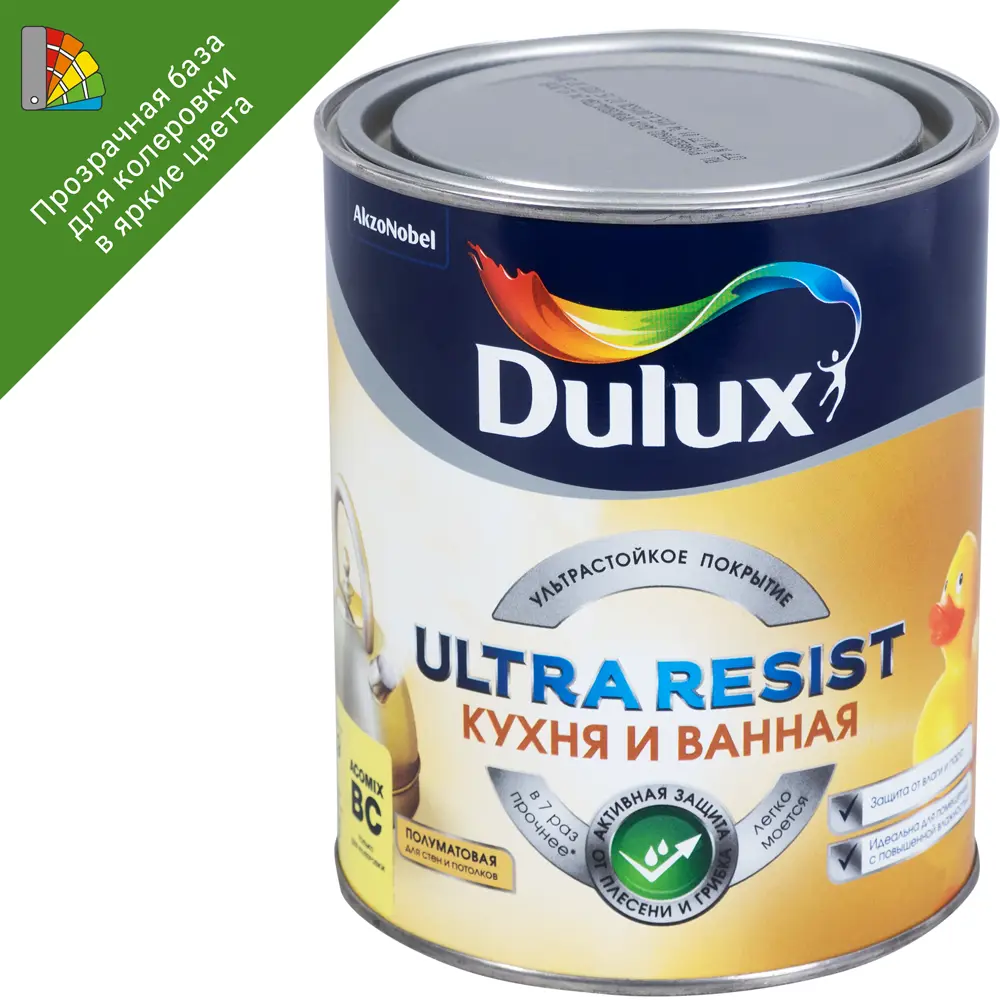 Краска для стен и потолков Dulux Ultra Resist для кухонь и ванных матовая прозрачная база BC 0.9 л STLM-2164116