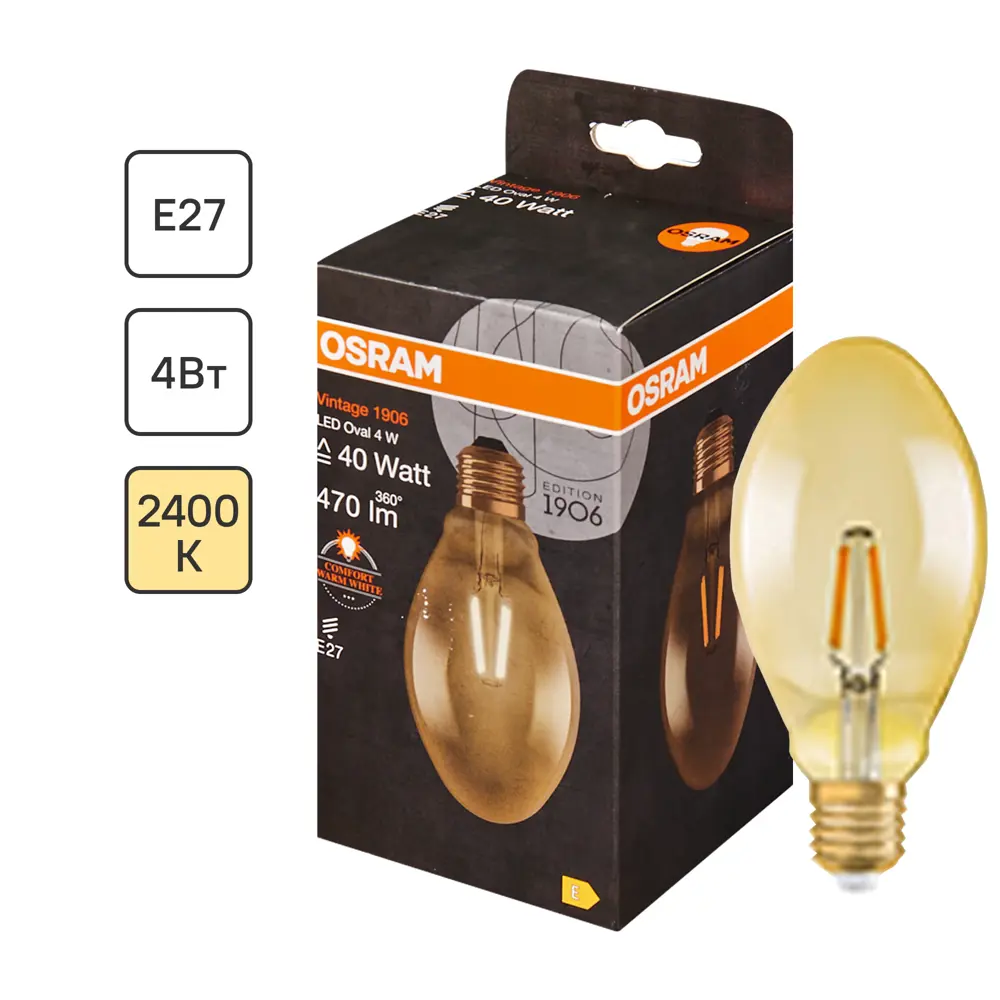 Лампа светодиодная Osram филаментная E27 230 В 5 Вт/825 овал 80173283 STLM-2133090 