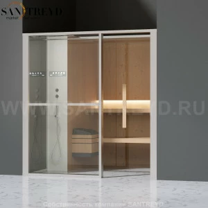 Effegibi LOGICAFILO S LO21020010 Сауна. Установка: в нишу. Левая дверь. Мощность: 6 кВт макс. Размеры: длина 214 см, ширина 250 см. Отделка: канадский хемлок, матовый лакированный белый аллюминий и серый ламинат из керамогранита.