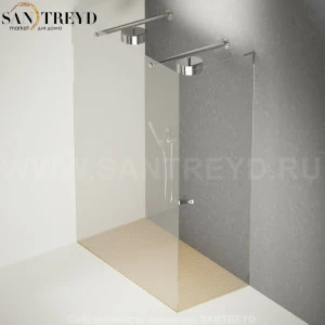 Душевое ограждение FLAT D подрезаемое, стеклянная с дверью экстрапрозрачная перегородка с 2-мя держателями со встроенным соплом для установки верхнего душа с поддоном из светлого дуба. Размеры: глубина от 70 до 100 см, длина от 140 до 160 см