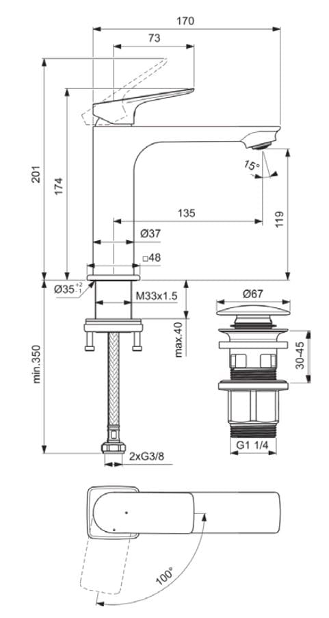 Однорычажный смеситель для раковины с автоматическим сливом Ideal Standard Ceralife O ARCH-00116596 - Вид №2