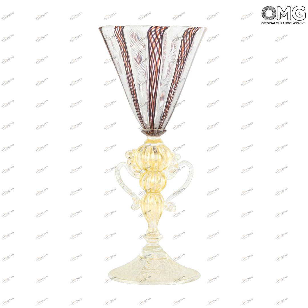 3435 ORIGINALMURANOGLASS Венецианский бокал Бордовая филигрань с фигурной ножкой - муранское стекло OMG 10 см 
