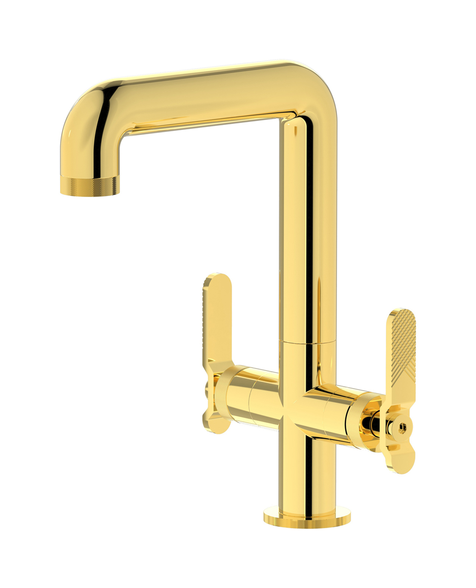 Смеситель для раковины на 1 отверстие с 2 ручками в комплекте с донным клапаном. WE ARE IB b2205oo Gold Bold