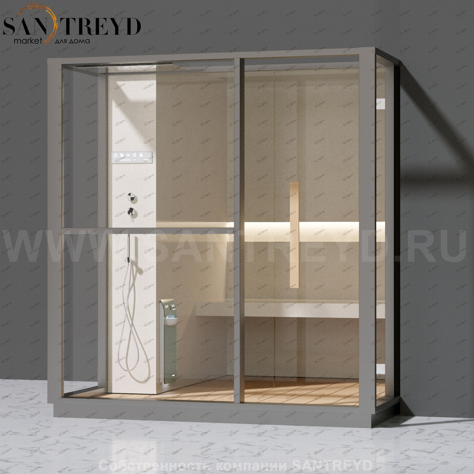 Effegibi LOGICA H LO30010016 Хаммам. Установка: в правый  полуугол. Левая дверь. Мощность: 4,5 кВт макс. Размеры: длина 214 см, ширина 250 см. Отделка: матовый лакированный серый аллюминий и бежевый ламинат из керамогранита.