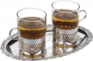 10613122 Queen Anne Набор стаканов с подстаканниками на подносе Queen Anne 23х19см, сталь, посеребрение, 2шт Сталь нержавеющая с посеребрением, стекло