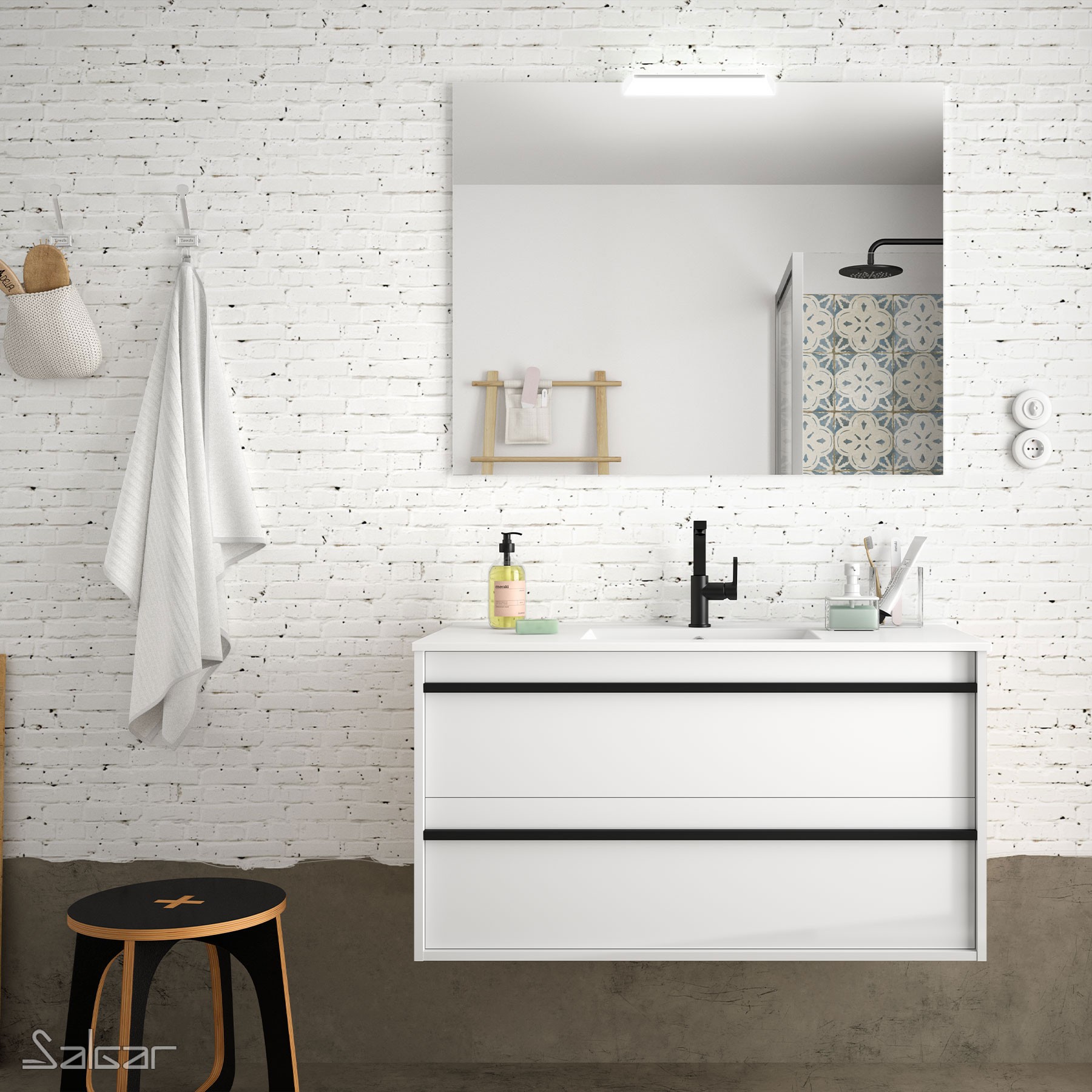84948 SALGAR Комплект мебели для ванной ATTILA 1000 WHITE GLOSS LACQUERED + Раковина + Зеркало + Свет Глянцевый белый