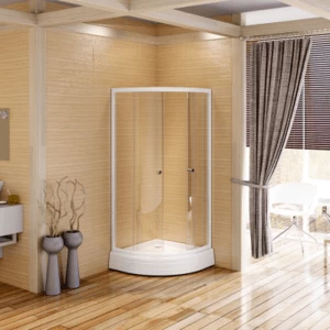 Душевой угол 80 (радиальный), стеклянные шторки (прозрачные), поддон на раме-подставке с устройством слива, профиль белый